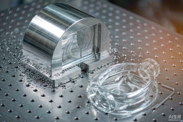 Steel blow mold half for a perfume bottle on a machined workbench beside a finished clear glass flacon
