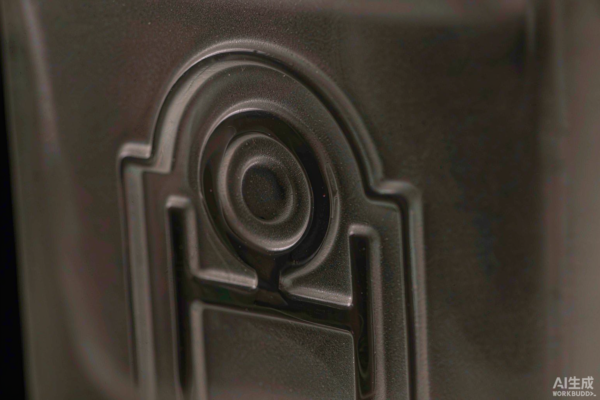 Macro view of a raised 3D embossed emblem pressed into frosted perfume bottle glass under raking light